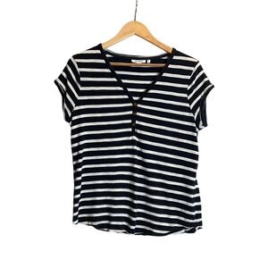 Chico's Striped Short Sleeve T-Shirt Button Accent Blue White Coastal Nautical M